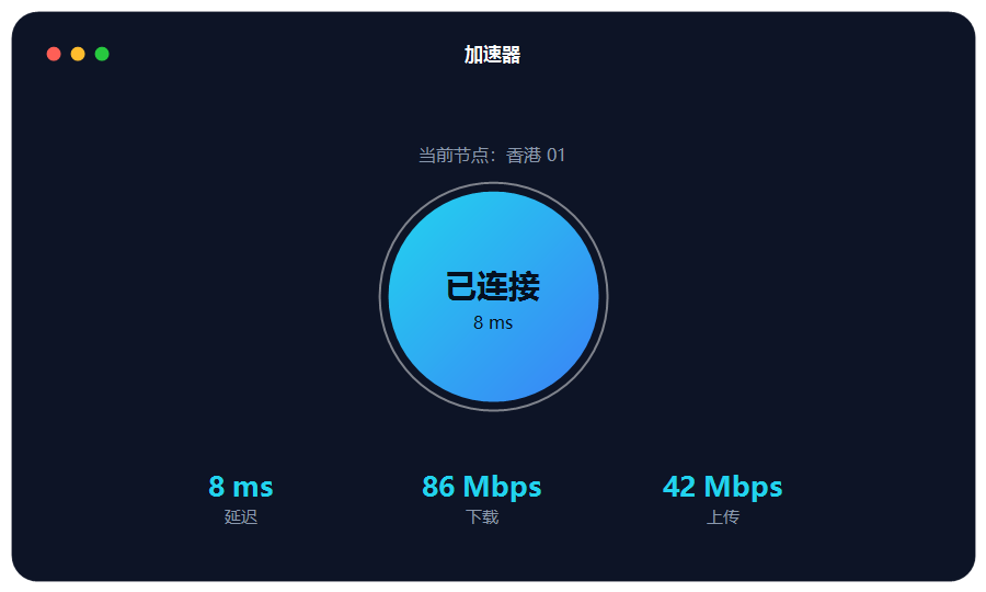 加速器客户端界面预览,一键连接节点与实时网速显示